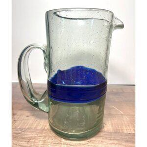 Handblown Glass Pitcher With Blue Accent Bubbles In Glass